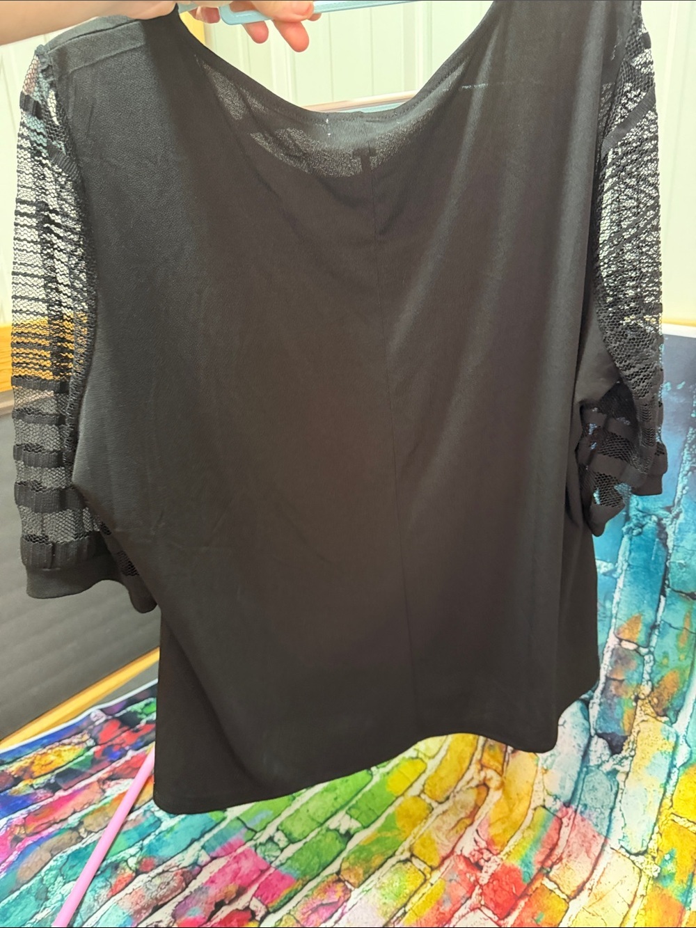 Black 3/4 Sleeve Tee with Sheer Lace Paneled Sleeves - Picture 6 of 6